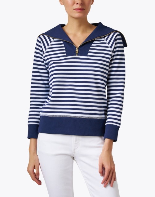 Front image - Sail to Sable - Navy and White Stripe Quarter Zip Sweater
