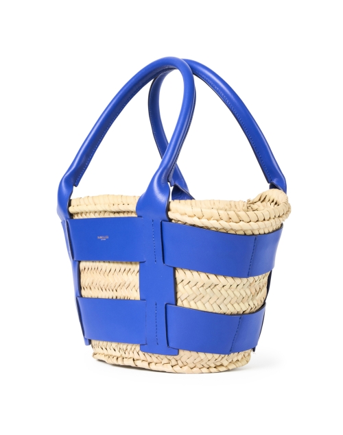 Front image - DeMellier - Mini Santorini Blue Leather Raffia Tote Bag