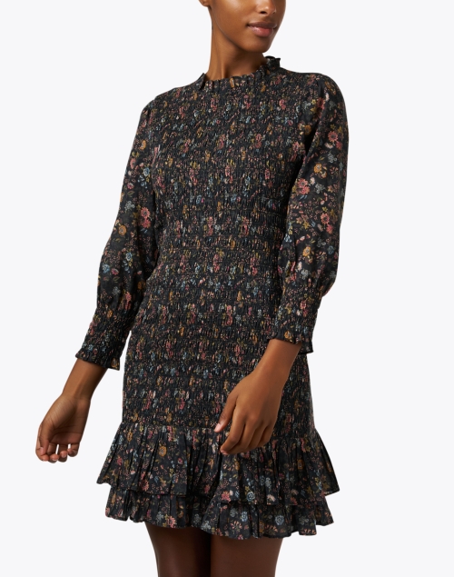Front image - Veronica Beard - Farha Black Print Smocked Cotton Dress