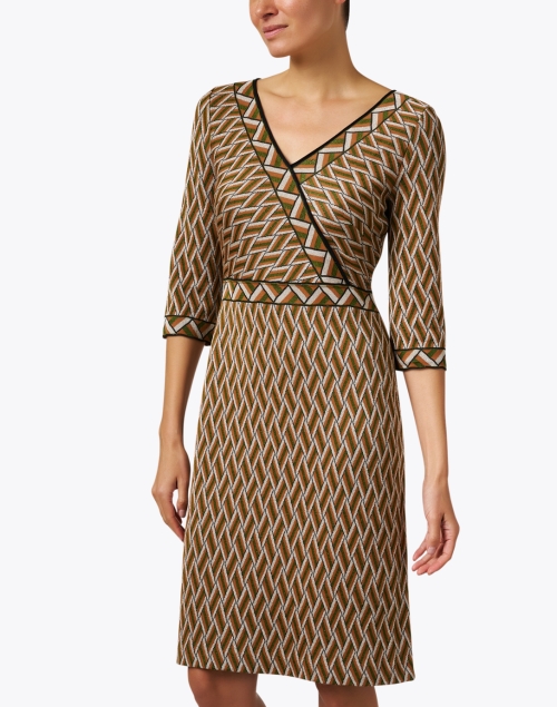 Front image - Marc Cain - Tan and Green Geometric Print Dress