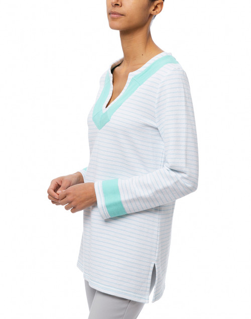 Front image - Sail to Sable - White and Pale Blue Striped French Terry Top