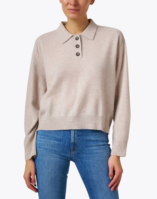 Front image - Repeat Cashmere - Sand Cashmere Henley Sweater