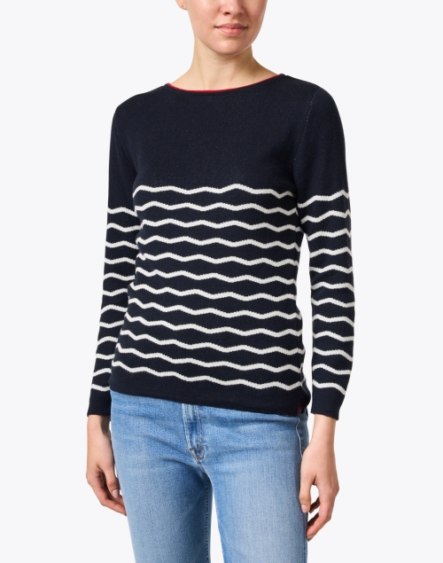 Front image - Blue - Navy Wave Stripe Cotton Sweater