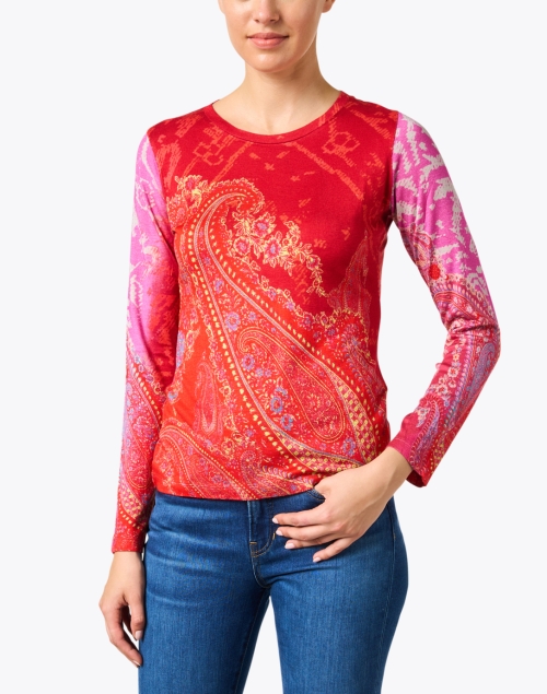 Front image - Pashma - Red and Pink Paisley Print Cashmere Silk Sweater