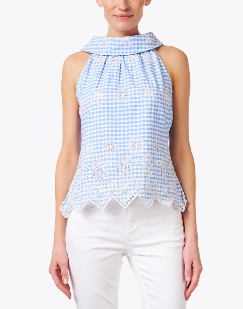 Front image - Sail to Sable - Blue Gingham Eyelet Cowl Neck Top