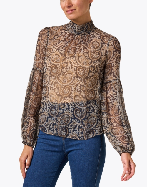 Front image - Veronica Beard - Keste Paisley Sheer Mock Neck Top