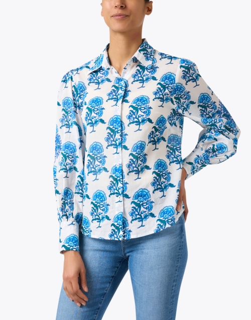 Front image - Ro's Garden - Norway Blue and White Floral Cotton Shirt
