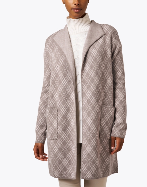 Front image - Kinross - Taupe Plaid Cashmere Cardigan 