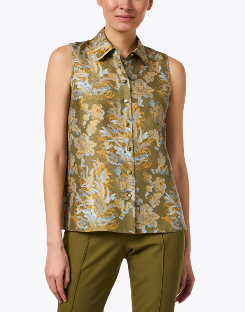 Front image - Lafayette 148 New York - Green Floral Print Silk Blouse