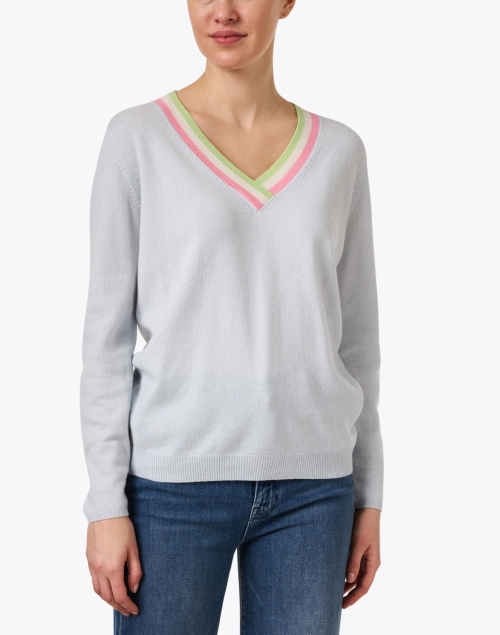 Front image - Jumper 1234 - Light Blue Contrast Stripe Cashmere Sweater