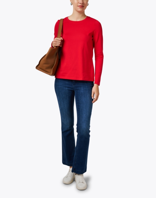 Red Pima Cotton Ruched Sleeve Top