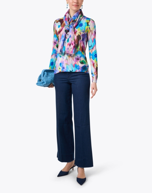 Blue Multi Abstract Print Cashmere Silk Sweater