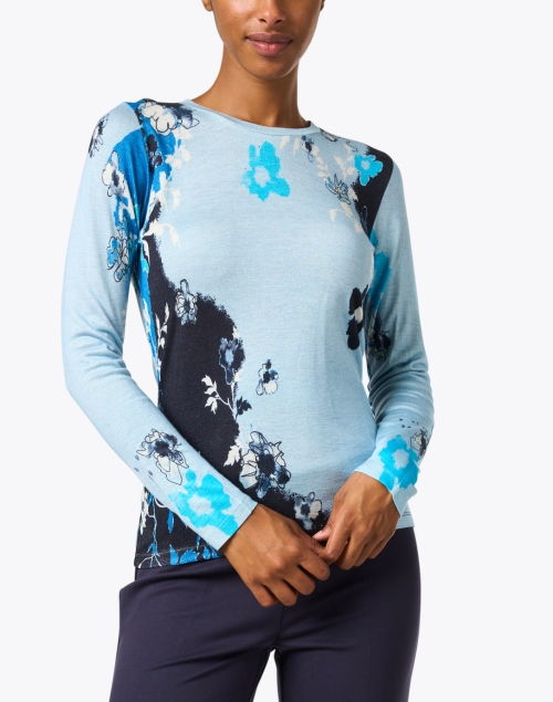 Front image - Pashma - Blue and Navy Floral Printed Cashmere Silk Sweater