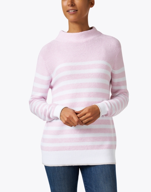 Front image - Kinross - Pink and White Stripe Garter Stitch Cotton Sweater