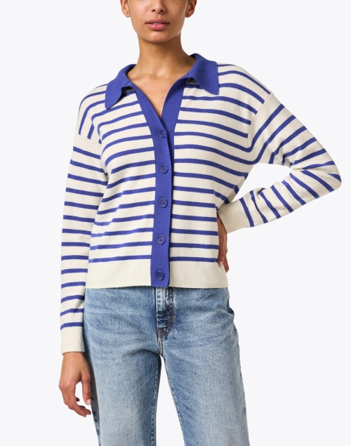 Front image - Chinti and Parker - Cream and Blue Striped Wool Cashmere Cardigan