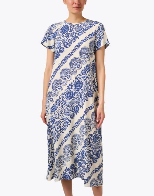 Front image - Weekend Max Mara - Orchis Cream and Blue Print Silk Dress