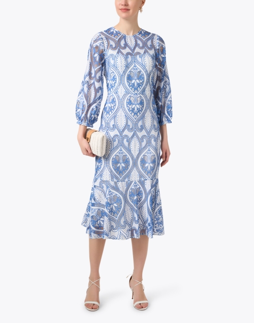 Adella Ivory and Blue Embroidered Dress