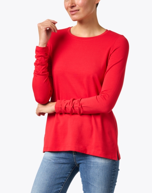 Front image - E.L.I. - Red Pima Cotton Ruched Sleeve Top