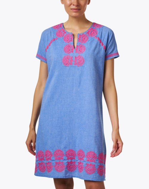 Front image - Ro's Garden - Norah Blue Chambray Embroidered Dress