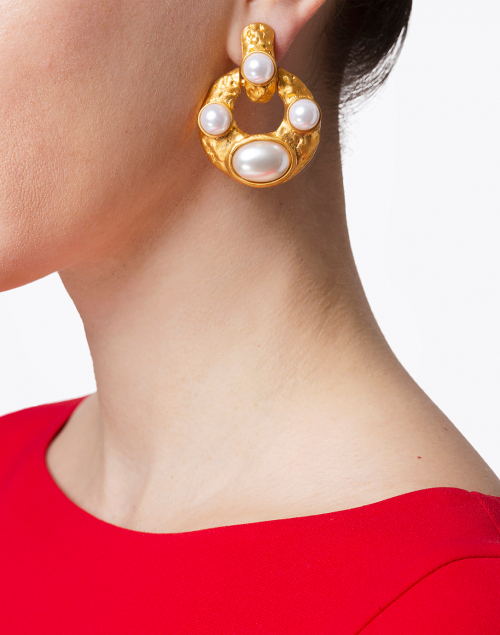 Pearl Encrusted Gold Doorknocker Clip Earrings