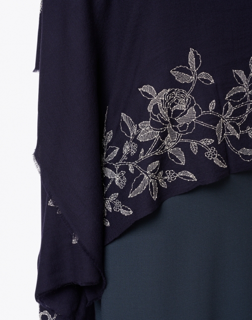 Front image - Janavi - Navy and Silver Floral Embroidered Wool Scarf