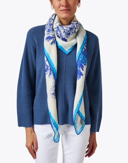 Blue Coral Print Wool Cashmere Silk Scarf