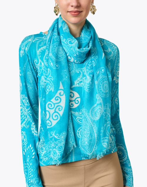 Turquoise Paisley Print Cashmere Silk Scarf