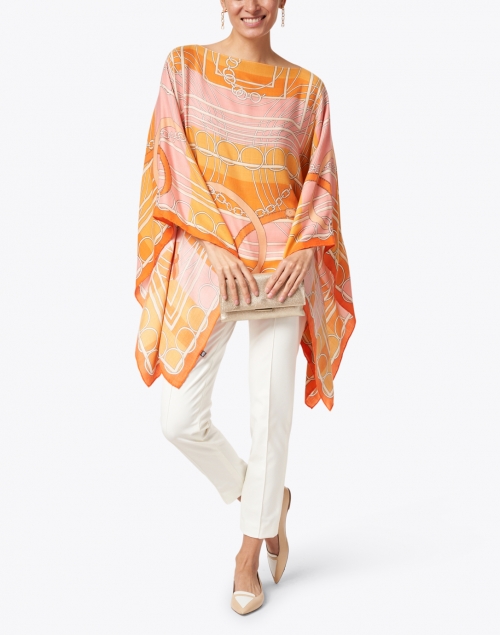 Orange Silk Cashmere Saddle Print Poncho