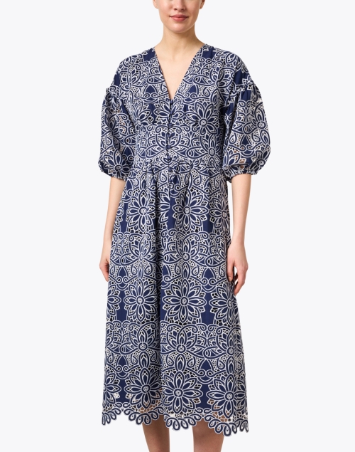 Front image - Shoshanna - Orla Navy and White Embroidered Eyelet Dress