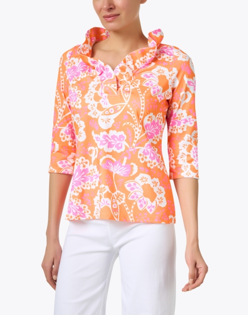 Front image - Gretchen Scott - Orange and Pink Print Ruffle Neck Top