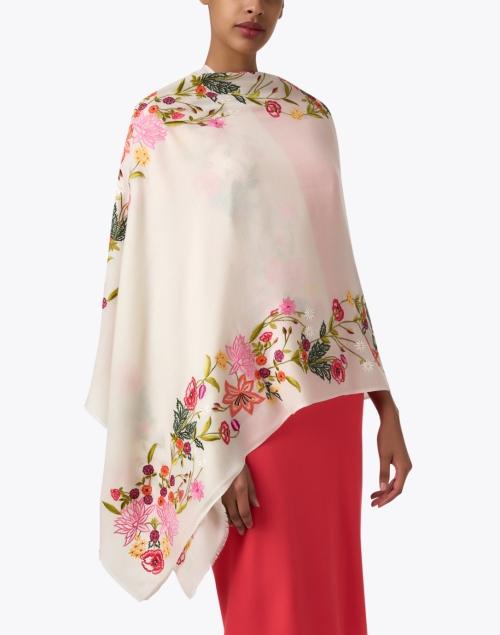 Front image - Janavi - Ivory Floral Embroidered Wool Scarf