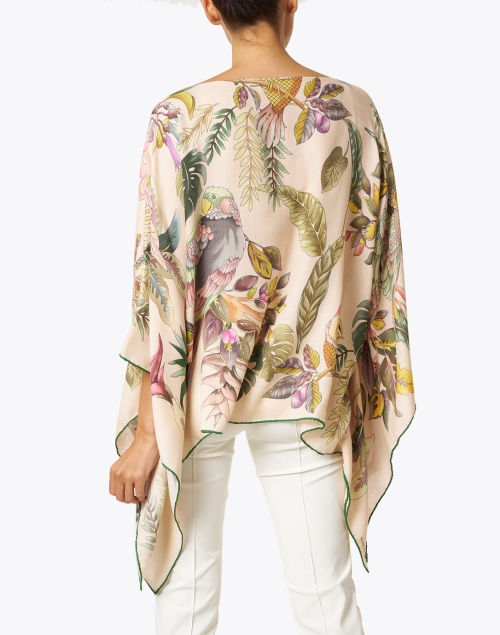 Back image - Rani Arabella - Pink Bird and Palm Printed Cashmere Silk Wool Poncho