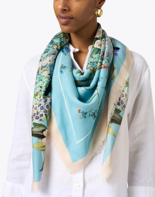 Penelope Blue Floral Printed Wool and Cashmere Scarf