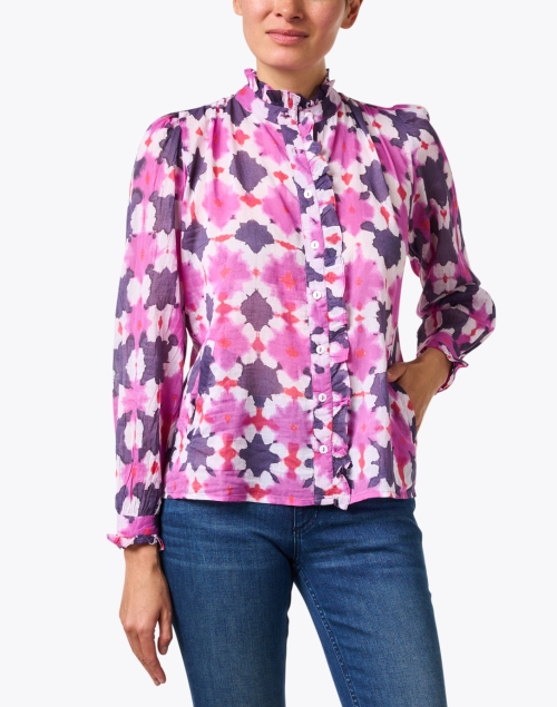 Front image - Banjanan - Chrissie Pink and Purple Print Ruffle Shirt