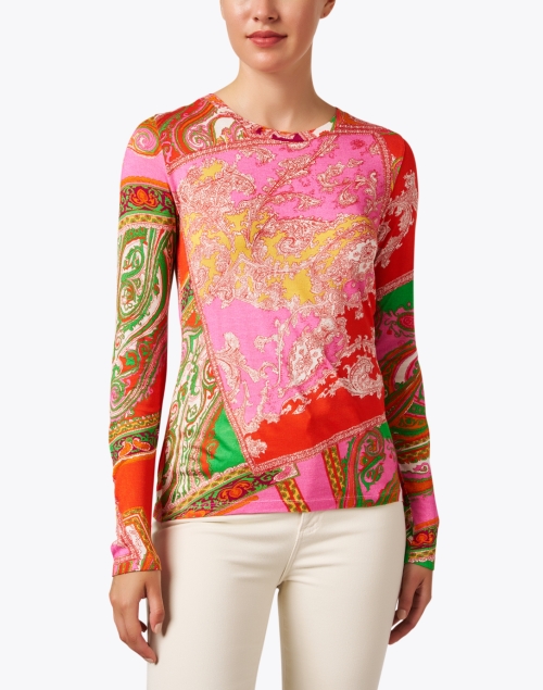 Front image - Pashma - Red Pink and Green Paisley Print Cashmere Silk Sweater