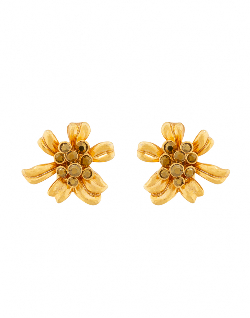 Oscar de la Renta Gold Classic Crystal Flower Button Earrings
