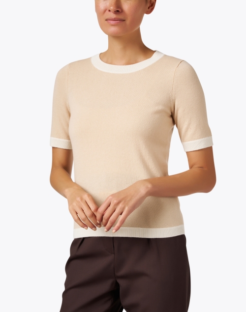 Front image - Paule Ka - Dune and White Wool Cashmere Top