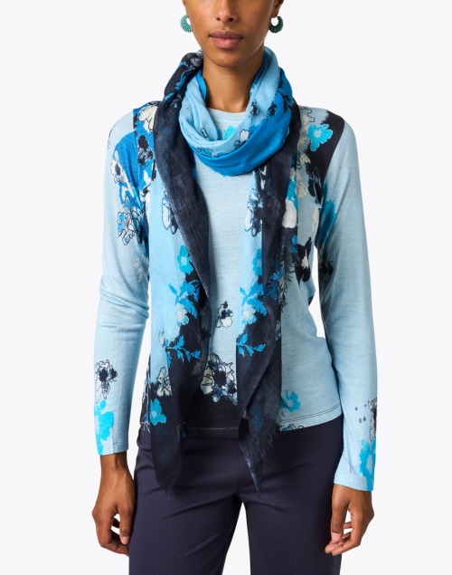 Look image - Pashma - Blue and Navy Floral Cashmere Silk Scarf 