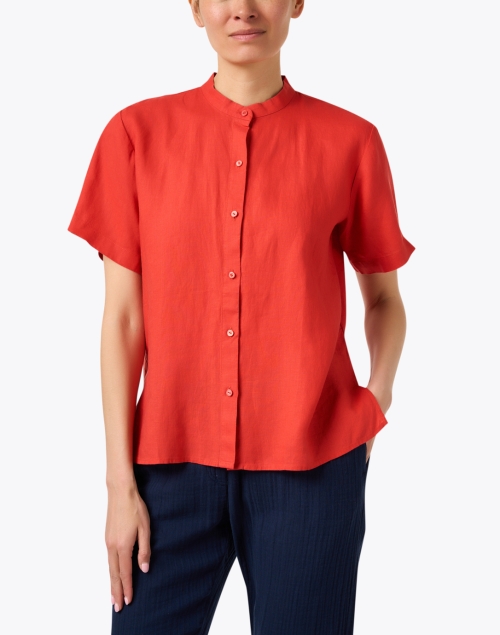 Front image - Eileen Fisher - Coral Linen Short Sleeve Shirt
