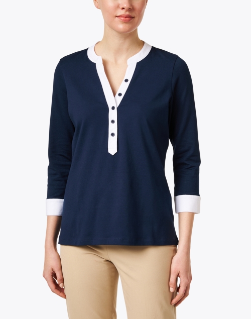 Front image - E.L.I. - Navy and White Cotton Poplin Henley Top