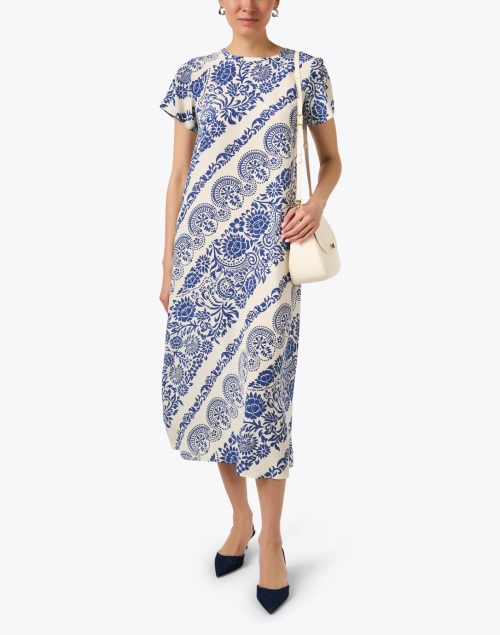 Orchis Cream and Blue Print Silk Dress
