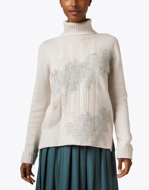 Front image - D.Exterior - Beige Lace Applique Turtleneck Sweater