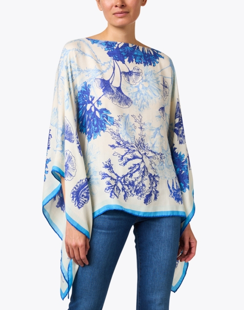 Front image - Rani Arabella - Blue Coral Print Cashmere Silk Poncho