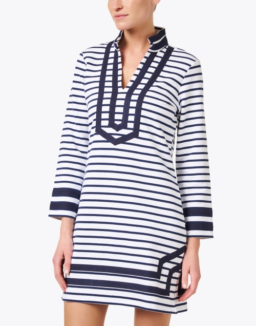 Front image - Sail to Sable - Navy and White Striped French Terry Tunic Dress