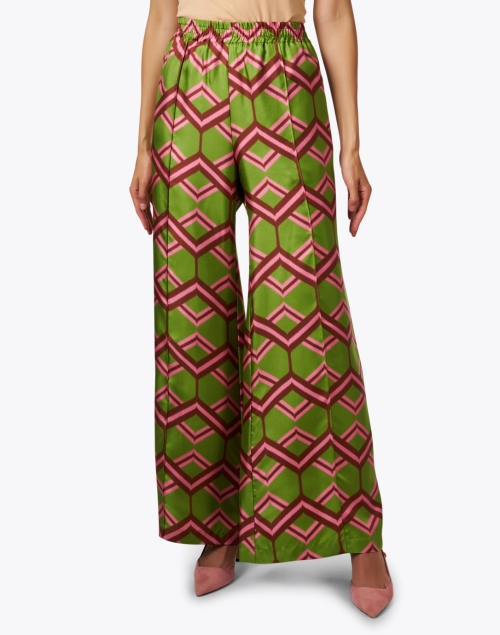 Front image - Odeeh - Green and Pink Print Silk Wide Leg Pant 