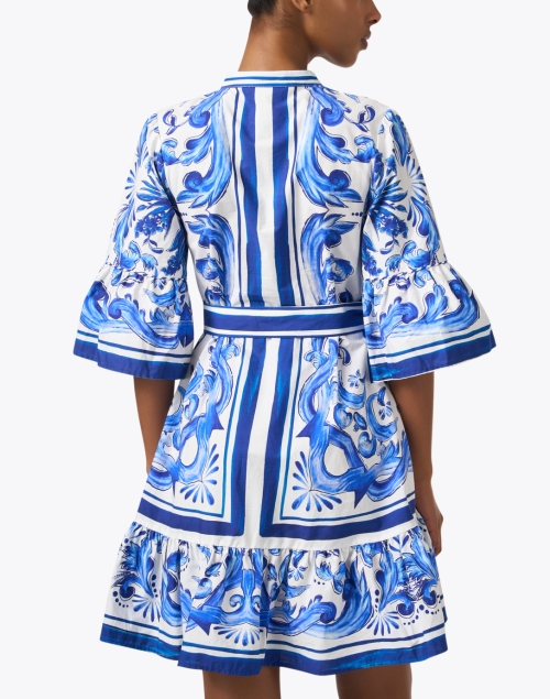 Back image - Farm Rio - Blue and White Tile Print Shirt Dress