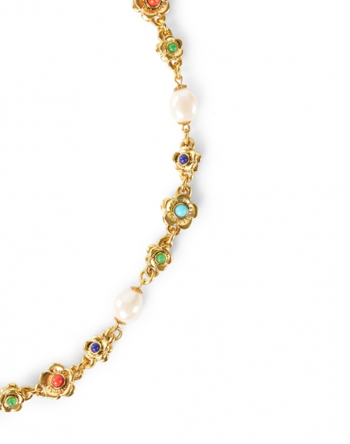 Front image - Kenneth Jay Lane - Gold Multicolor and Pearl Cabochons Flowers Necklace