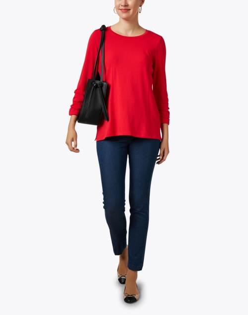 Red Pima Cotton Ruched Sleeve Tee