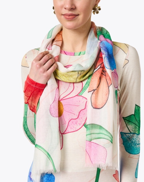 Look image - Pashma - Ivory Multi Floral Print Cashmere Silk Scarf