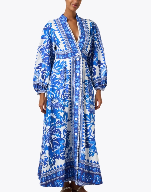 Front image - Farm Rio - Blue and White Print Cotton Dress